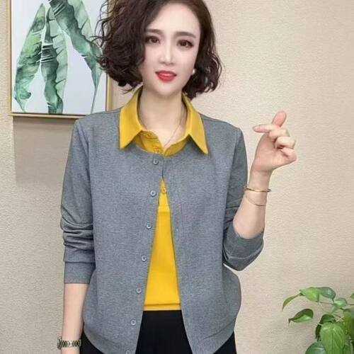 中年妈妈大码翻领显瘦长袖上衣女