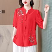 大码 中老年人宽松刺绣棉麻短袖 上衣 新款 洋气妈妈装 衬衫 女2025夏季