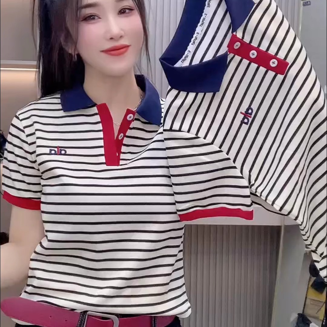 条纹翻领宽松休闲中年妈妈T恤女