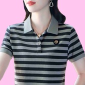 翻领上衣POLO衫 2025夏季 t恤女洋气中年妈妈夏装 大码 新款 条纹短袖