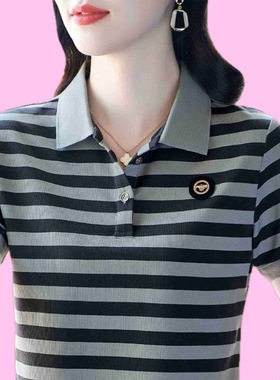 2025夏季新款条纹短袖t恤女洋气中年妈妈夏装大码翻领上衣POLO衫