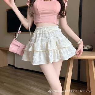 春夏甜美芭蕾风半身裙女白色荷叶边蛋糕蓬蓬裙防走光小个子短