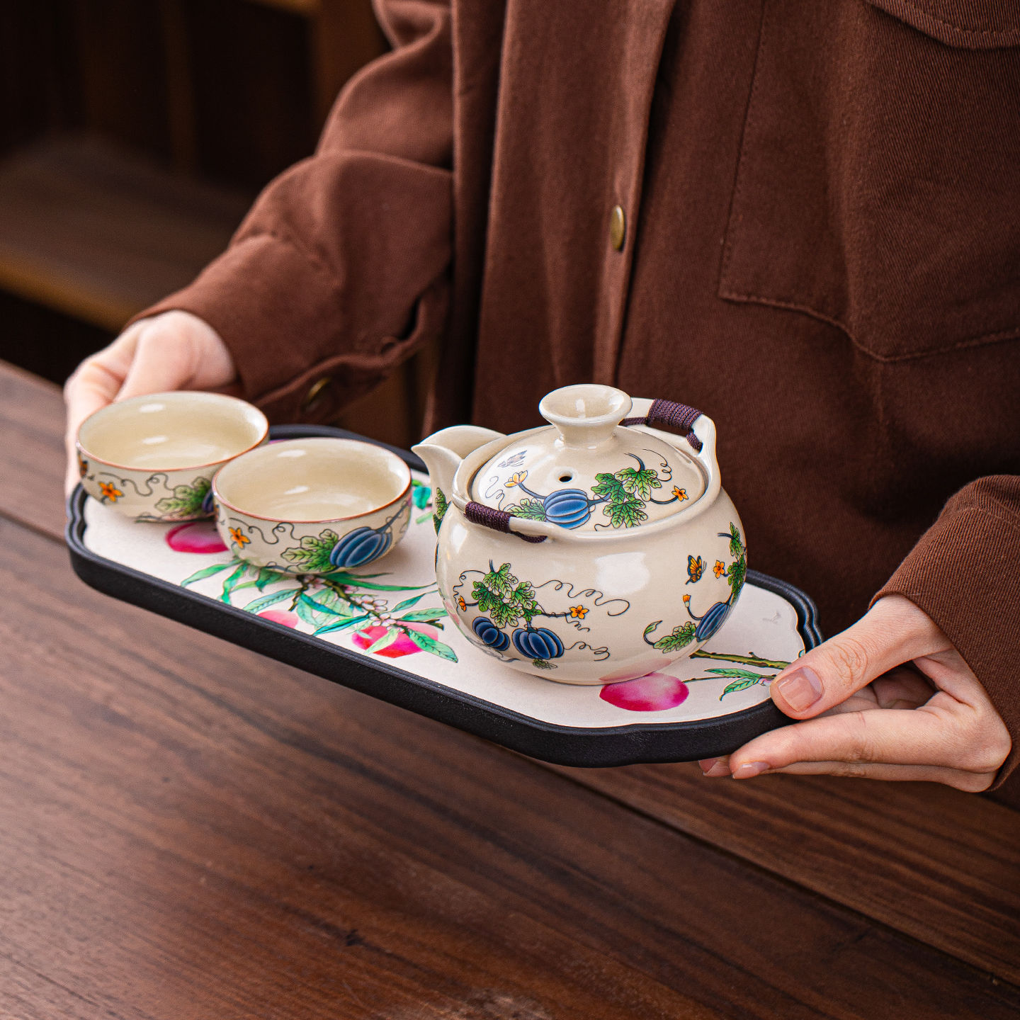 汝窑旅行茶具套装便携式快客杯户外车载高档一壶三杯手抓壶喝茶杯