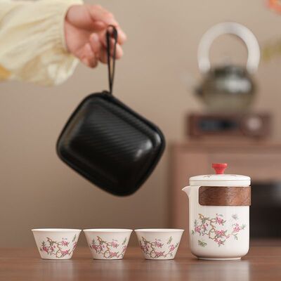 户外旅行茶具套装一壶三杯便携式陶瓷快客杯泡茶壶茶杯外出携带包
