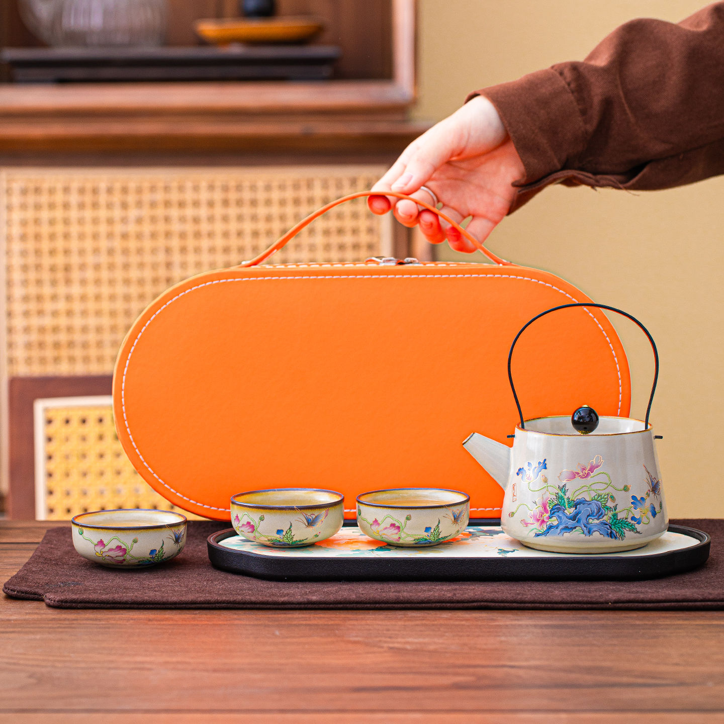 汝窑功夫茶具套装家用办公室陶瓷开片可养提梁壶茶杯茶盘伴手礼