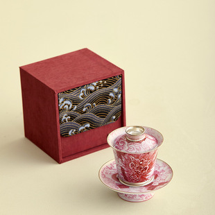 高档鎏银龙纹三才盖碗茶杯杯垫套装 家用陶瓷茶具送礼礼盒装