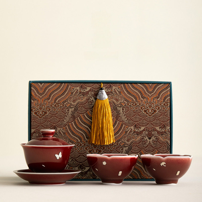 郎红高端盖碗配两杯手工嵌银蝴蝶三才盖碗主人杯高雅茶具,餐饮具,旅行茶具,淘宝优惠券,粉丝福利购,淘宝优惠卷