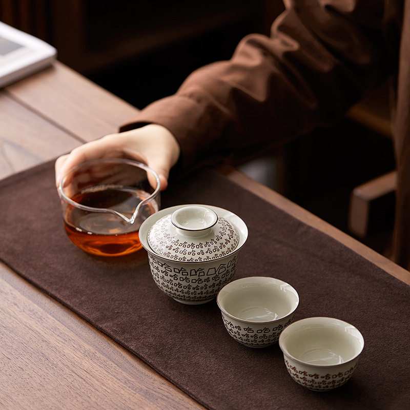 草木灰盖碗家用旅行玻璃茶具户外便携带一壶三杯收纳布袋,餐饮具,旅行茶具,淘宝优惠券,粉丝福利购,淘宝优惠卷