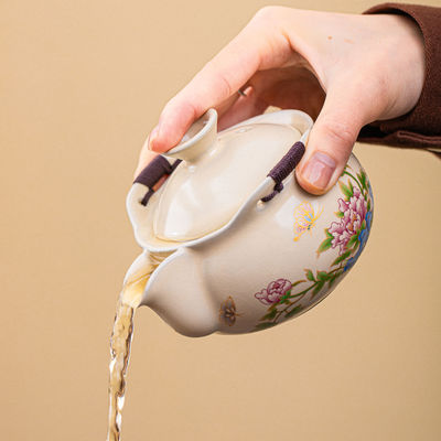 汝窑手抓壶陶瓷功夫茶具便携式旅行泡茶壶露营防烫家用茶具泡茶器