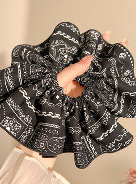 复古黑色腰果花缎面大肠发圈女高级感超大皮筋扎发头绳丸子头发饰