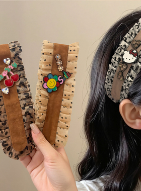 复古豹纹kitty蕾丝边碎发贴女碎发整理神器刘海贴魔术贴发饰头箍