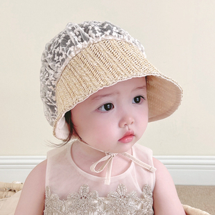 婴儿遮阳帽夏款 防晒草帽超萌可爱宝宝帽子出游薄款 女童蕾丝太阳帽