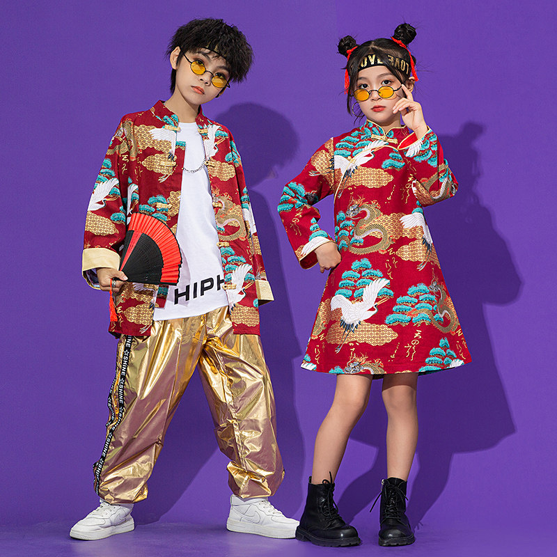 元旦儿童喜庆演出服中国风男童汉服小学生运动会女童旗袍表演服装