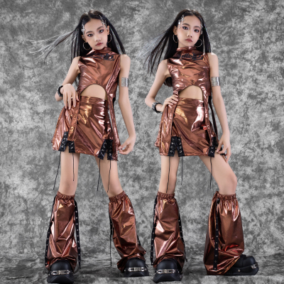 儿童爵士舞服装棕色皮衣短裙套装jazz女孩走秀潮服嘻哈街舞演出服