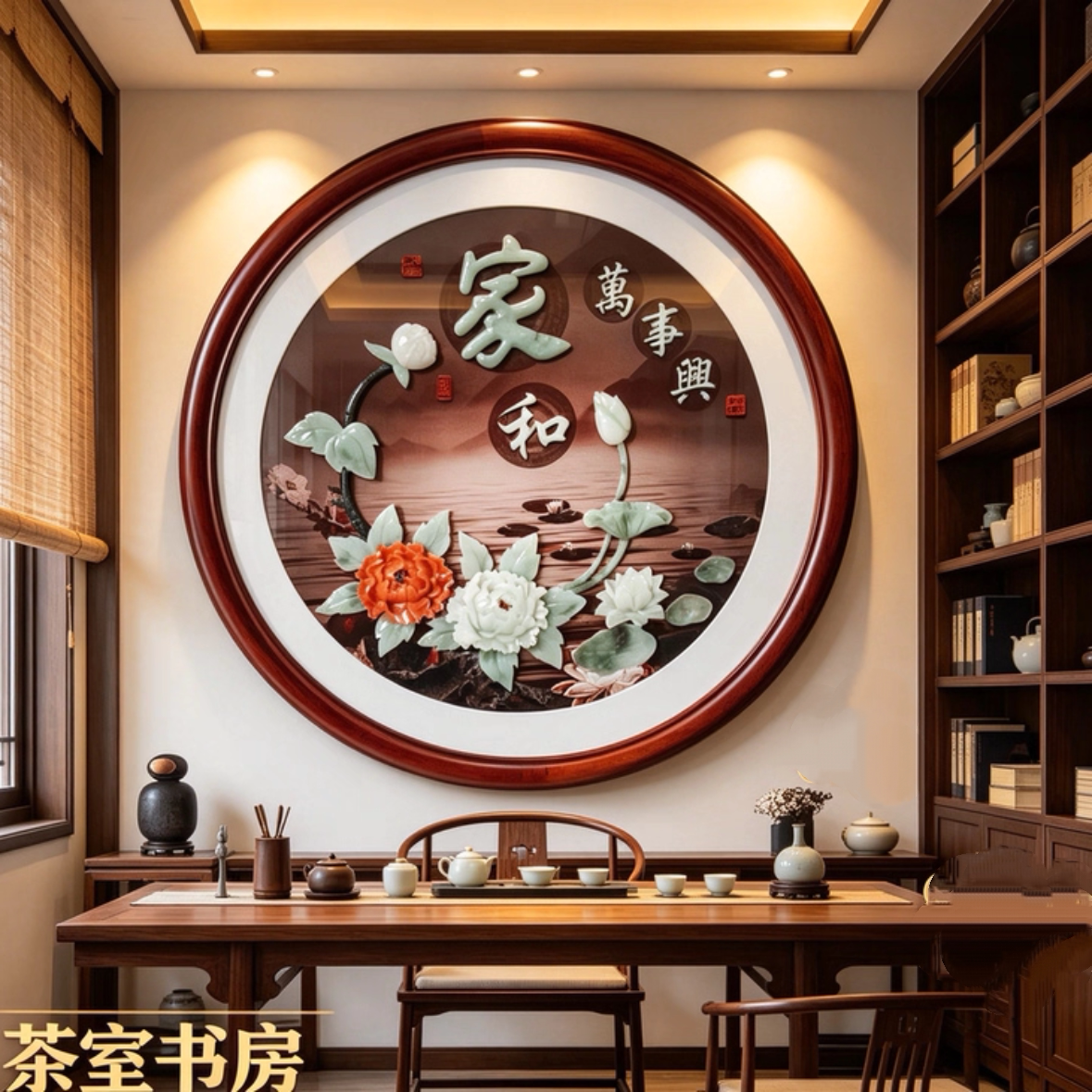 新中式入户玄关装饰画走廊过道客厅挂画圆形带玻璃餐厅玉雕装饰画