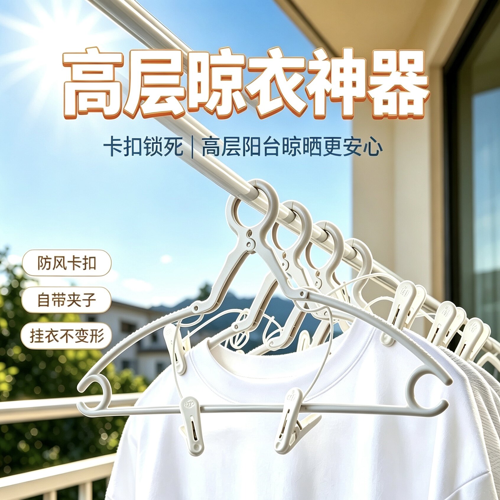 高楼防风衣架室外防掉落防吹落晾晒架阳台带夹自动卡扣衣撑子衣挂图片