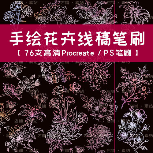 76款植物花卉线稿笔刷 超高清花朵线条线稿图案 Procreate/PS笔刷