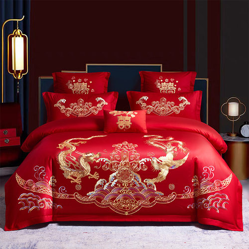高档中式龙凤刺绣结婚四件套大红色床单被套纯棉婚庆床上用品