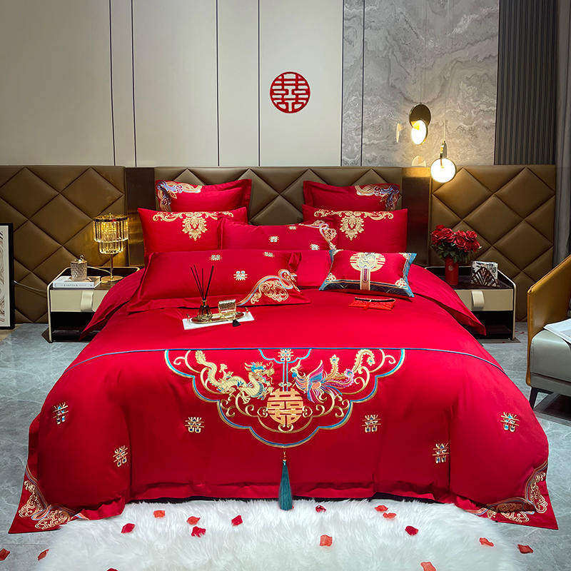 新婚快乐、中国风纯棉刺绣大红色婚庆四件套六八十多件套结婚婚床