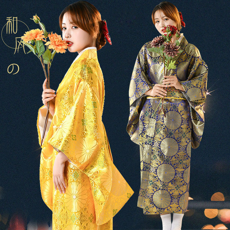 新款民族古装服装织锦缎和服浴衣女士浴袍菊花印花演出异国服饰
