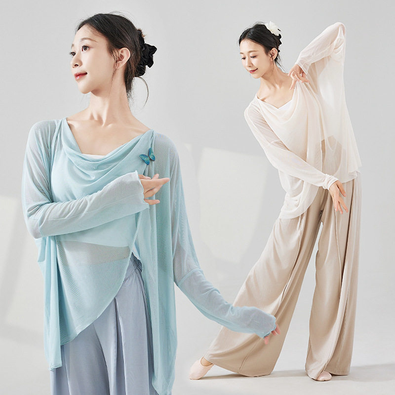 舞蹈服女白色飘逸宽松网纱形体练功中国长袖成人跳舞上衣练功服