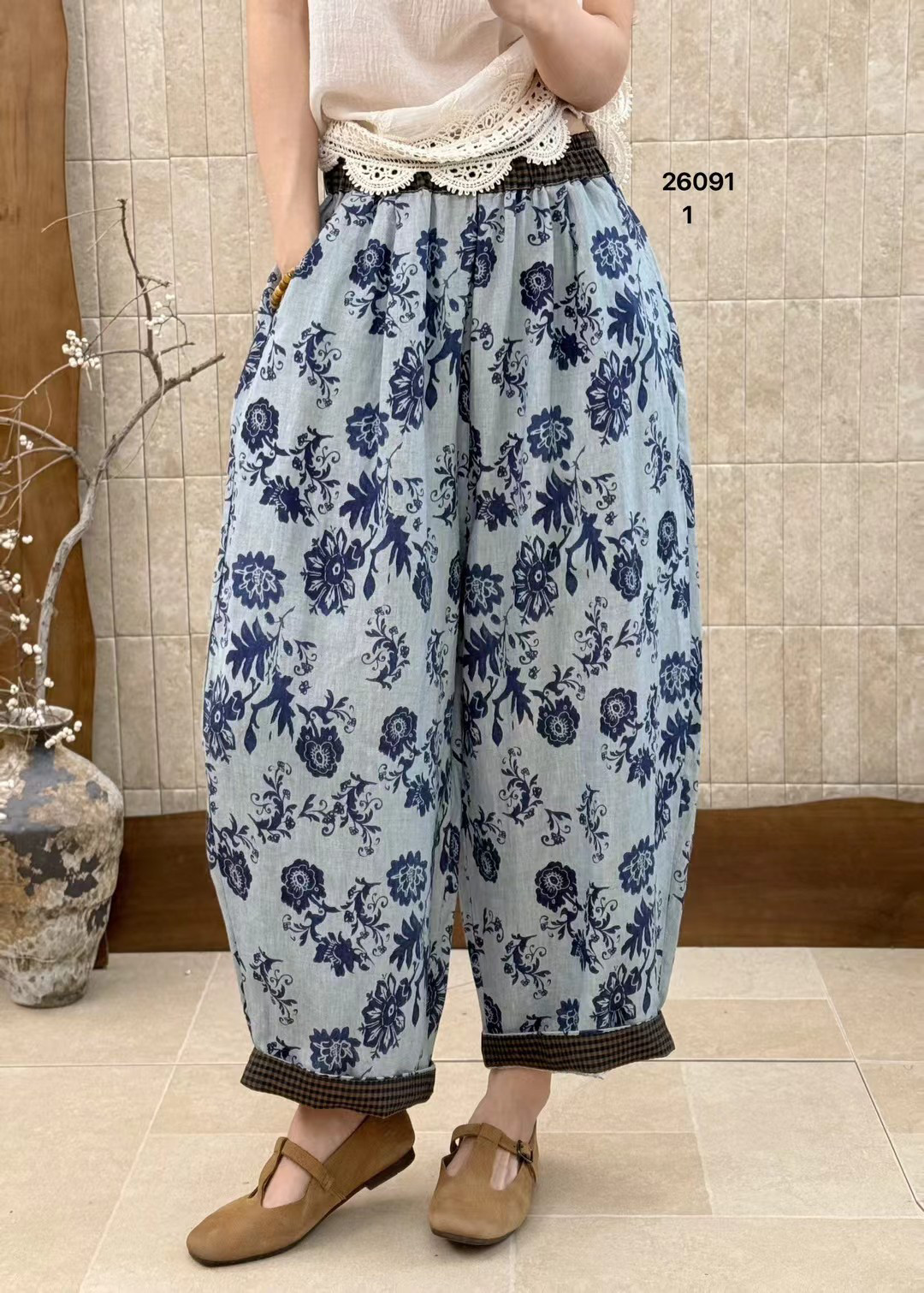 布愫&reg;2026夏季新款民族风宽松大版纯亚麻印花裤女直筒阔腿休闲裤