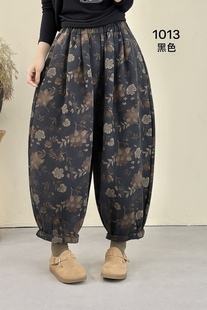 宽松显瘦棉麻裤 民族风印花大版 秋季 女阔腿气球休闲灯笼裤 布愫