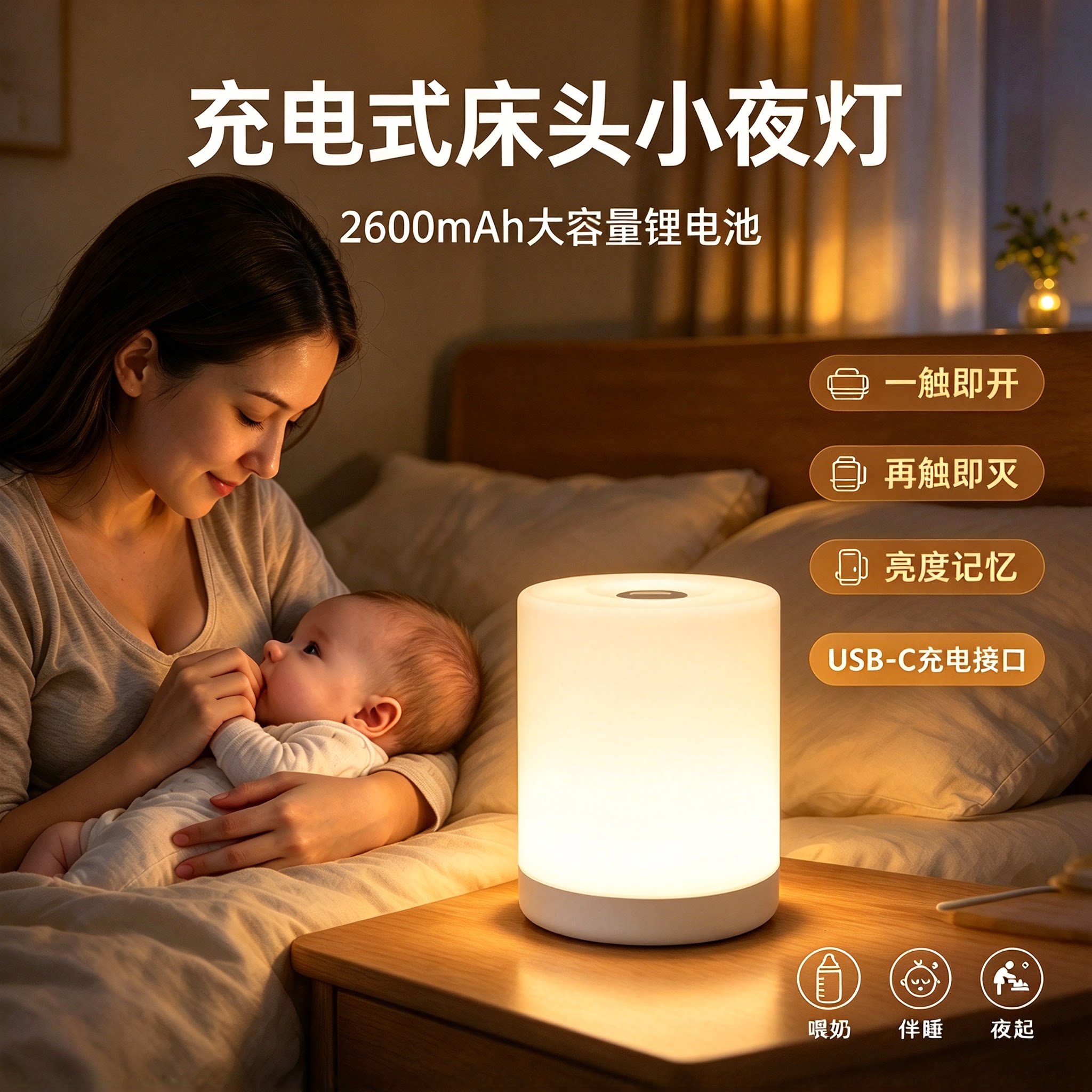 led充电床头小夜灯起夜护眼婴儿喂奶卧室卫生间大容量三色可调C口