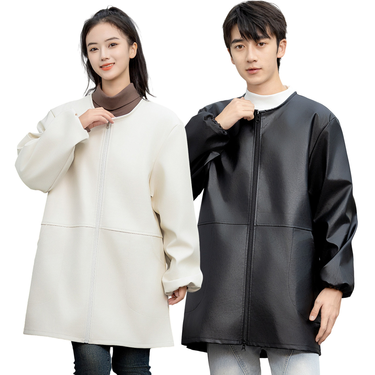 白色长袖皮围裙防水防油软皮加绒羽绒服罩衣大人女工作服家用厨房