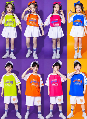 六一儿童啦啦队短袖演出服港风花衬衫套装幼儿园男女小学运动会服