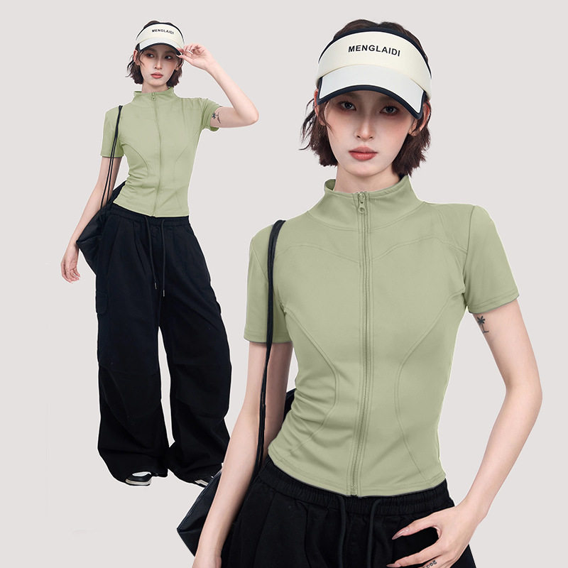 灰色瑜伽服运动短袖上衣女夏夏季收腰半高领修身短款正肩速干t恤