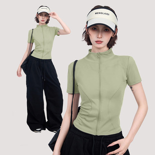 灰色瑜伽服运动短袖上衣女夏夏季收腰半高领修身短款正肩速干t恤