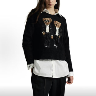 L纯棉美式 学院风小熊重工刺绣熊Bear 毛衣新款 女装
