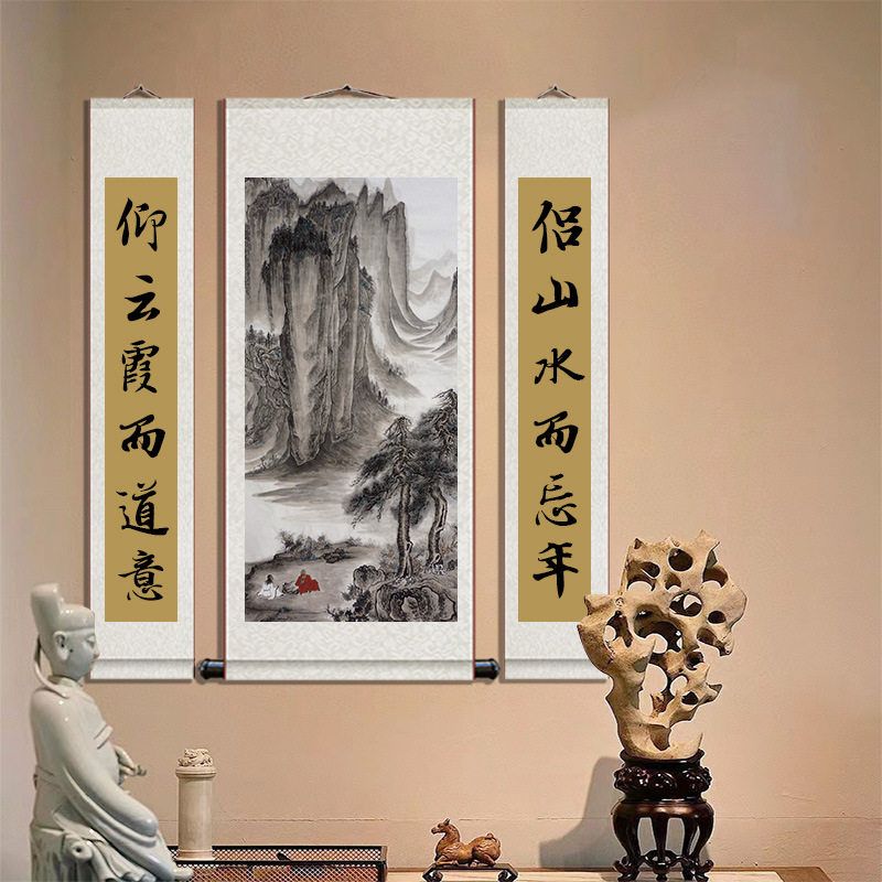 中堂国画对联山水画江山如画客厅挂画迎客松高山流水丝绸卷轴画