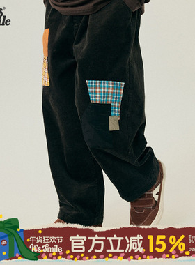 Its smile 儿童冬季保暖撞色拼布柔软水洗男童女童灯芯绒锥形裤