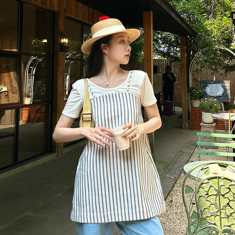 XCCX黑白条纹吊带裙女2024夏季新款韩版休闲显瘦打底裙无袖连衣裙