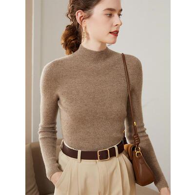 无缝一线成衣~紧身半高领羊绒衫女100纯羊绒内搭针织修身打底毛衣