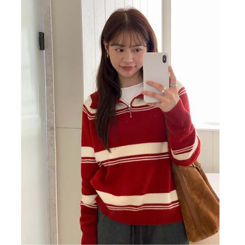 Ahui 冬季新款拉链翻领长袖羊毛毛衣针织衫女