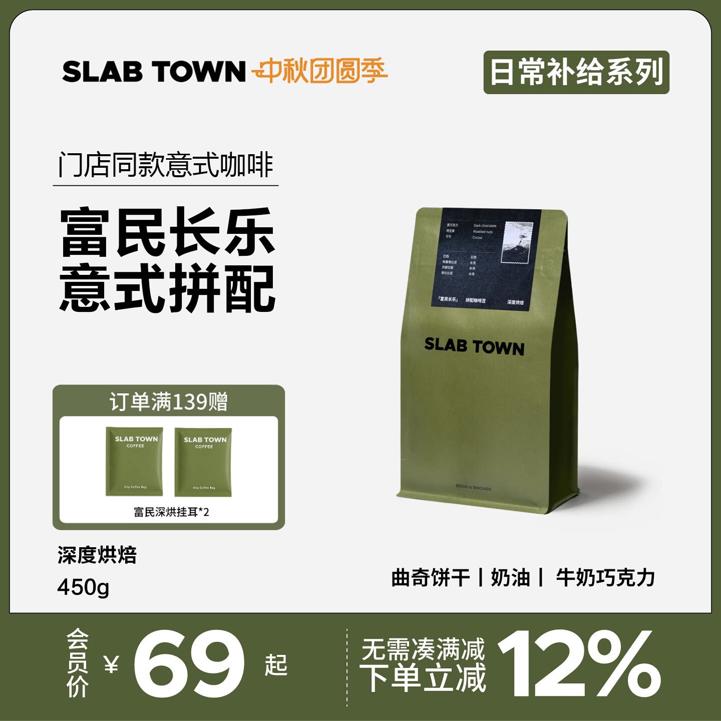 SLAB TOWN富民长乐 意式咖啡豆粉 深度烘焙 新鲜优质现磨商用450g