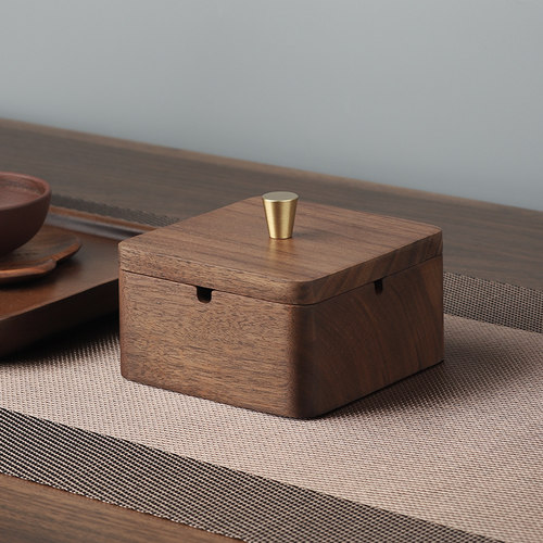 黑胡桃实木烟灰缸中式家用客厅防飞灰带盖创意办公室轻奢黄铜摆件