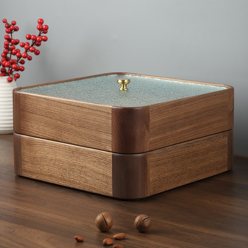 中式实木玻璃干果盒瓜子糖果盒坚果零食收纳分格果盘家用客厅新年