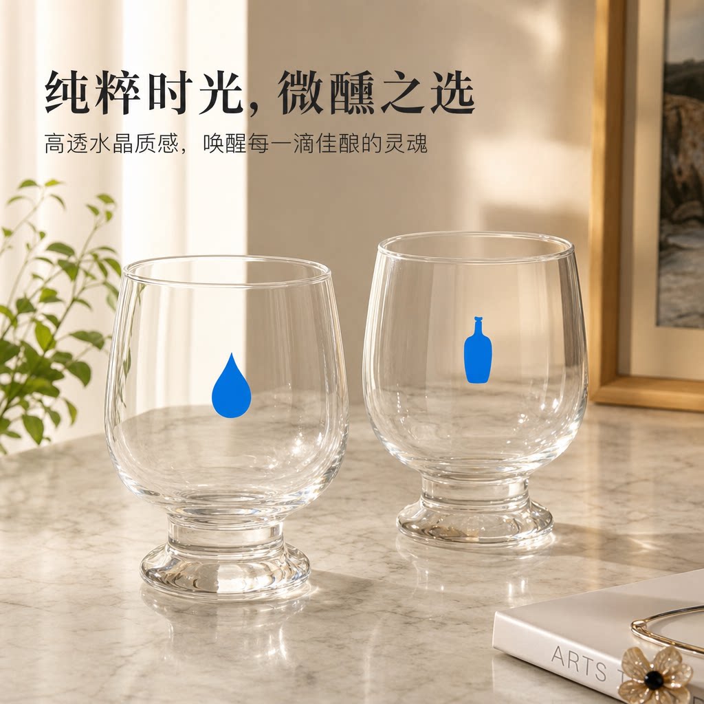 ins风蓝色水滴小蓝瓶矮脚大肚杯透明饮水杯咖啡杯果汁杯啤酒杯