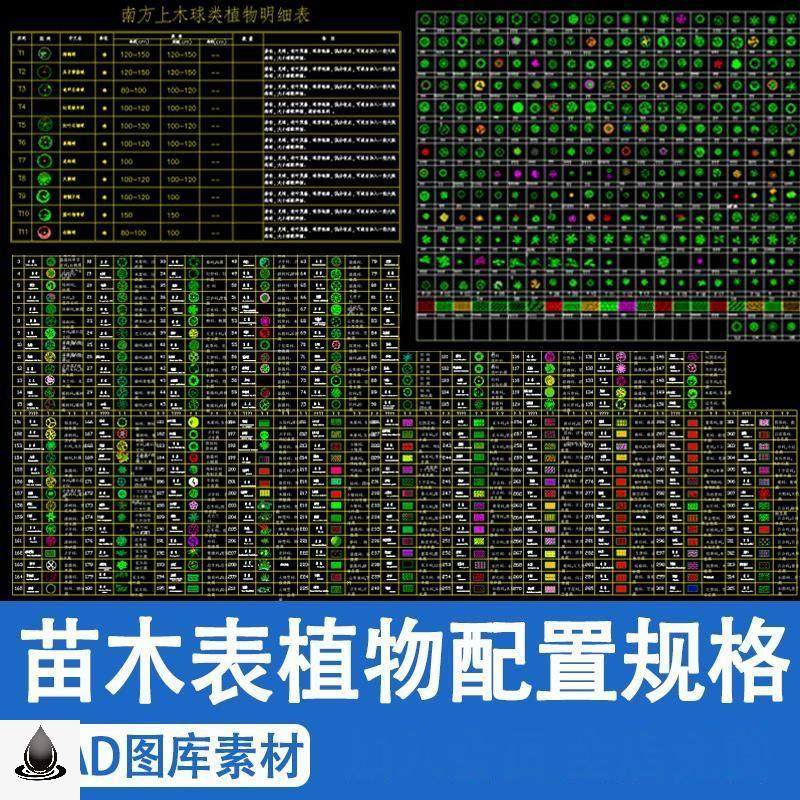 园林景观植物地被种植绿化配置cad施工图纸库苗木表规格胸径冠幅