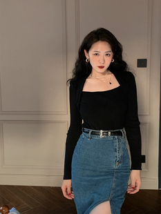 午后商店 黑色针织打底衫女秋冬内搭小心机毛衣方领修身长袖上衣