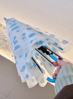 雨天氛围感蓝色波点雨伞高颜值折叠透明长柄伞小众ins风女生拍照