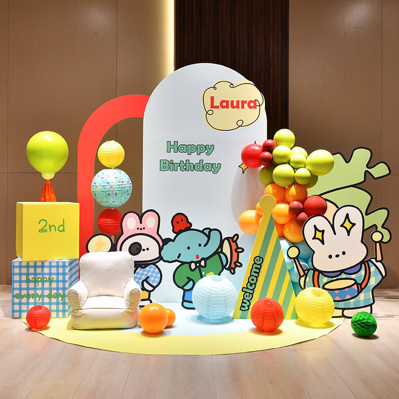 生日派对装饰场景布置卡通兔子kt板背景2岁3岁男女宝宝装扮酒店