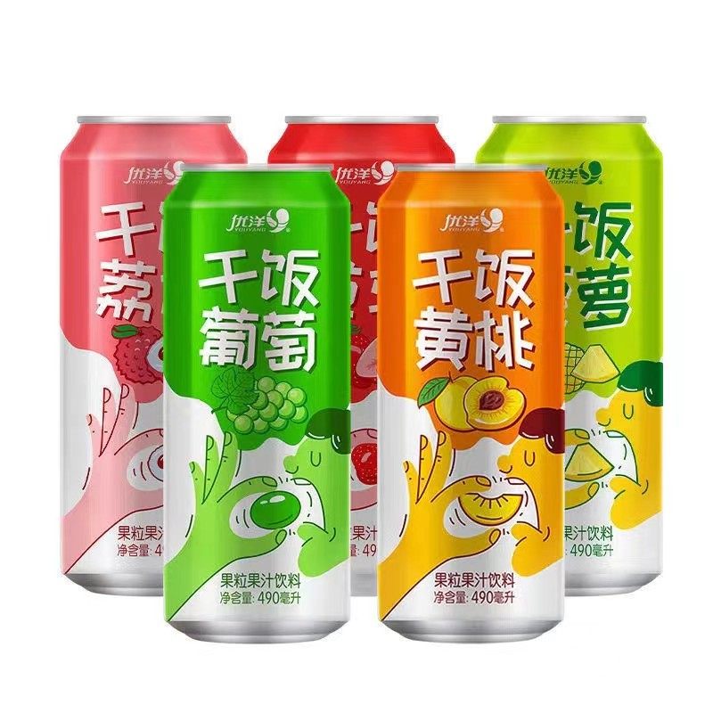 优洋饮品干饭果粒果汁葡萄黄桃荔枝草莓菠萝味罐装两箱以上发京东