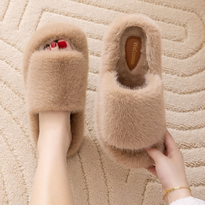 20262025秋冬季网红毛毛拖鞋女外穿一字拖潮鞋厚底居家棉拖鞋冬天