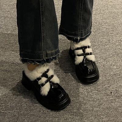 2026加绒小皮鞋女冬季保暖法式高跟玛丽珍鞋学生法式厚底乐福鞋毛
