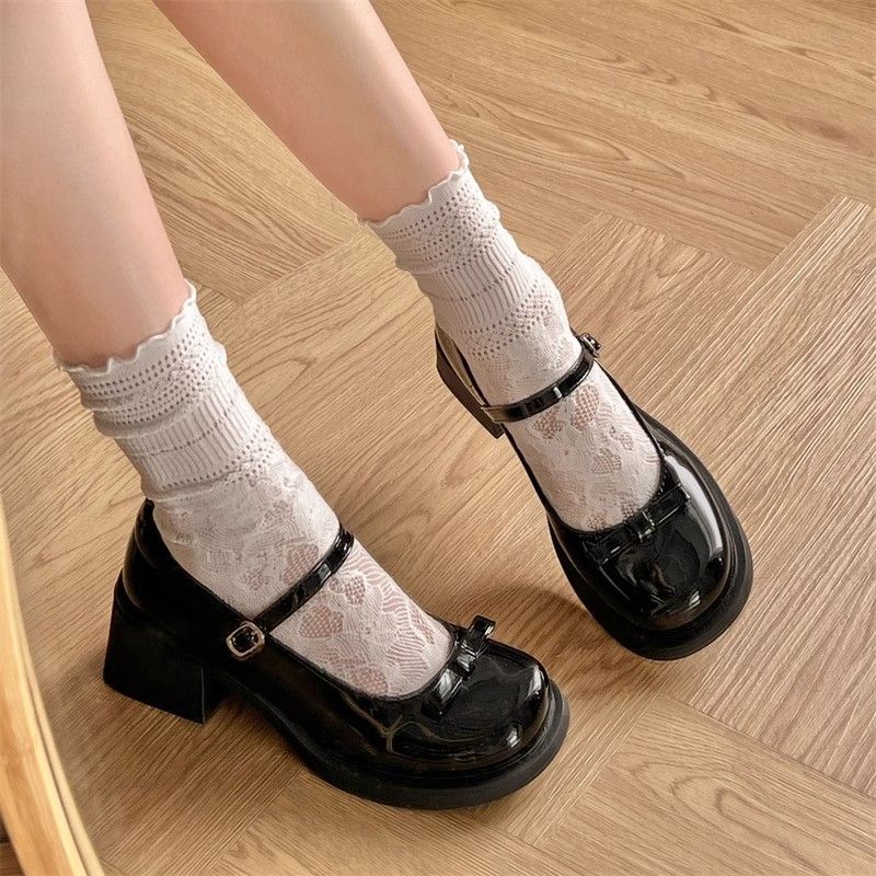 20264.5cm法式蝴蝶结玛丽珍鞋女复古百搭粗跟厚底显瘦jk小皮鞋潮